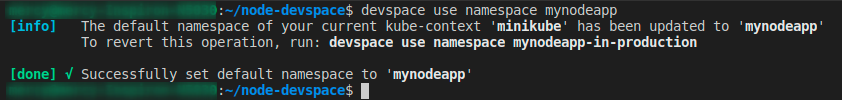 Setting default DevSpace namespace (mynodeapp)