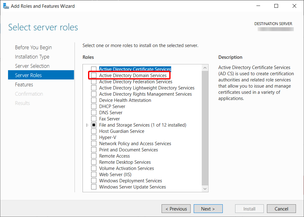 Selecting the Active Directory Domain Services role