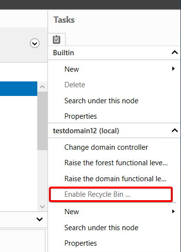 Verifying the Enable Recycle Bin option is grayed out