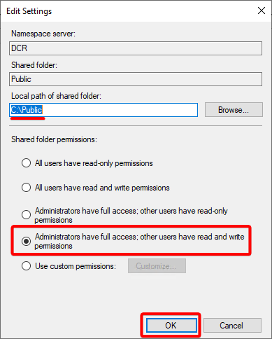 Configure the shared folder’s path and permissions