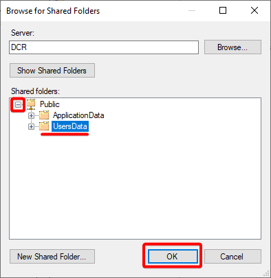 Adding the selected shared folder to the Public namespace
