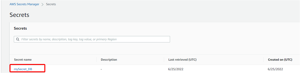 Viewing the secrets in AWS Secrets Manager