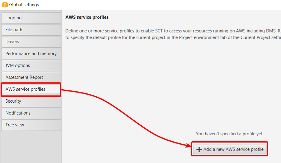 Initiating adding an AWS profile in the AWS Schema Conversion Tool 