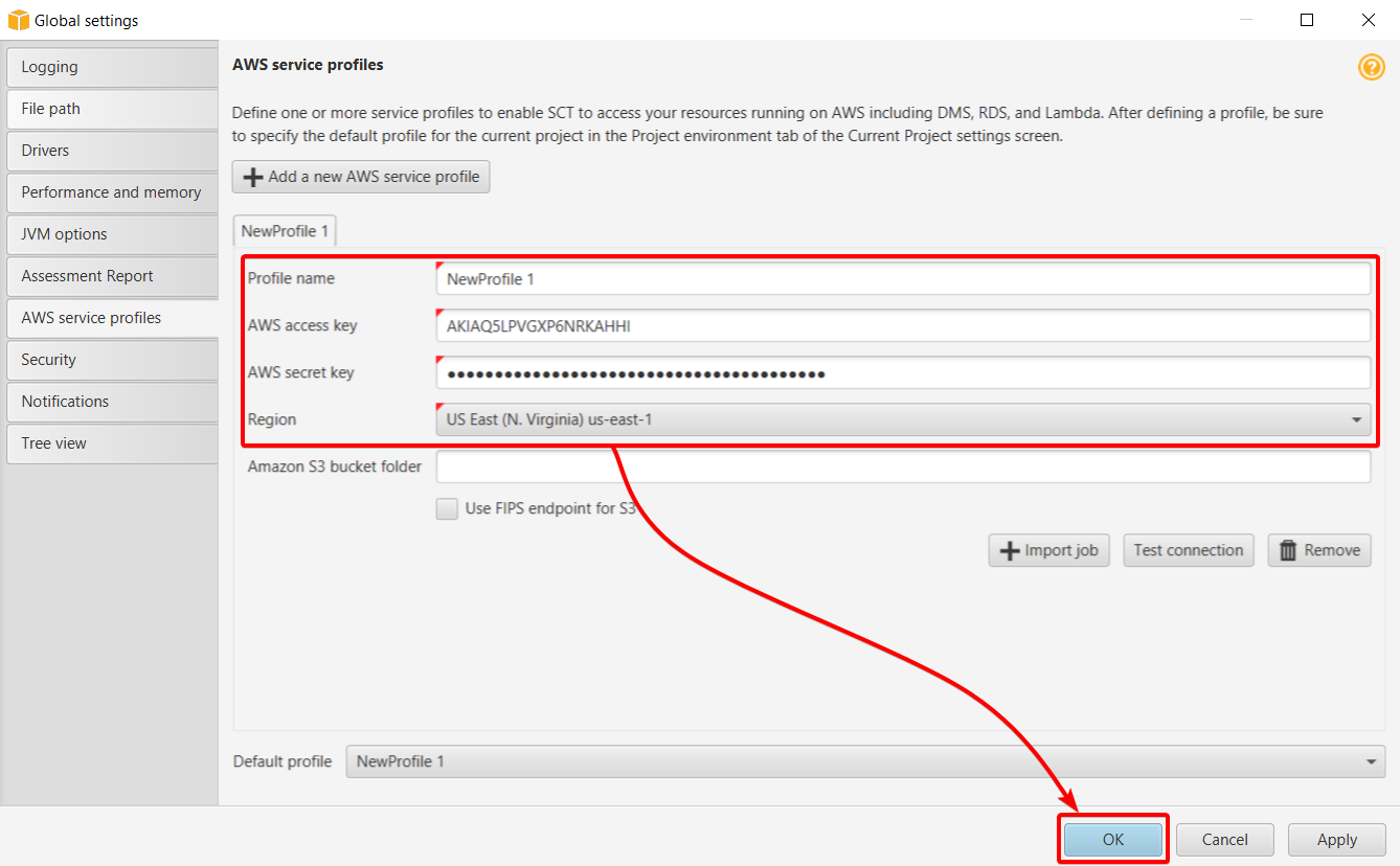 Creating a new AWS service profile 