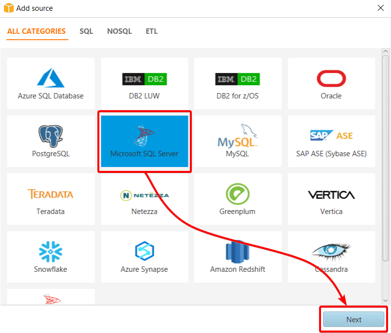 Selecting Microsoft SQL Server as the database source 