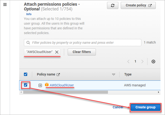 Selecting the AWS Cloud9 policy