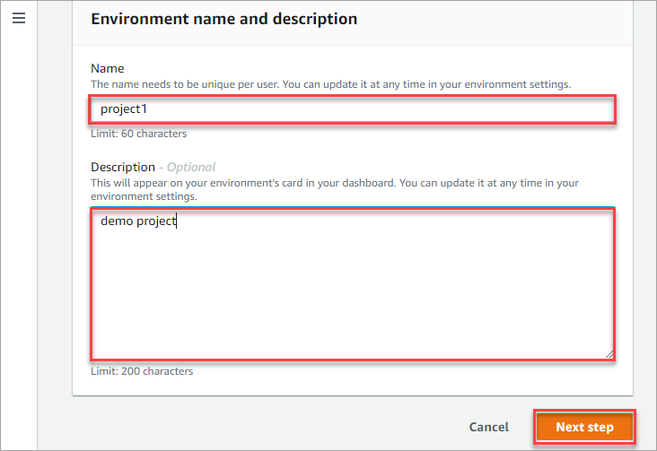 Specifying the AWS Cloud9 environment name and description