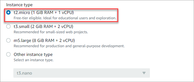 Selecting the AWS Cloud9 environment instance type