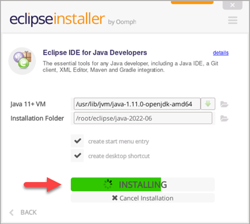 Eclipse IDE installation in progress