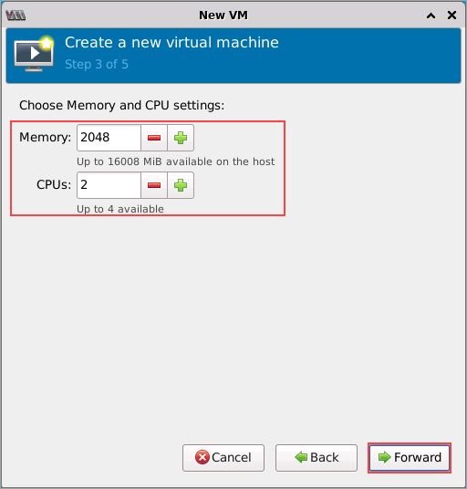 Choosing the CPU and Memory settings
