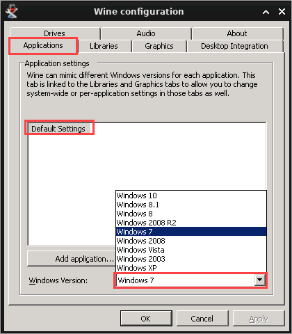 Viewing the default Wine application settings
