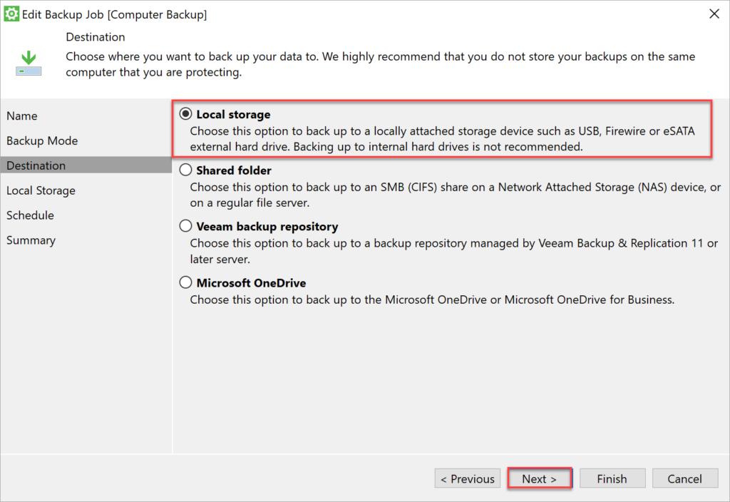 Selecting a destination for backups