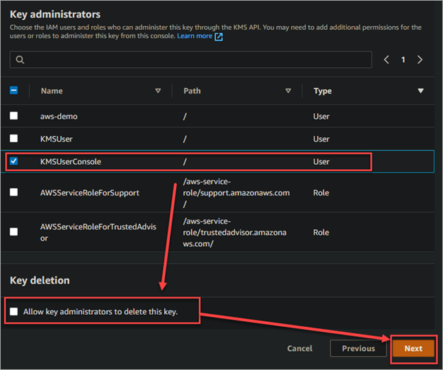 Selecting key admin