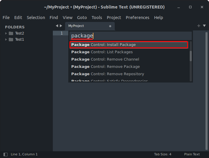 Accessing package control in the command palette