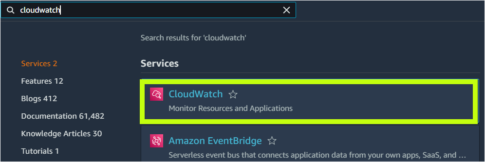 Navigating to the AWS Cloudwatch Service Page