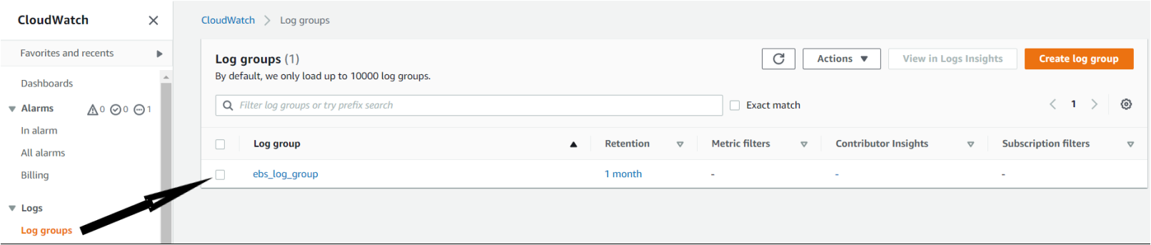 Verifying the CloudWatch log group in the AWS console