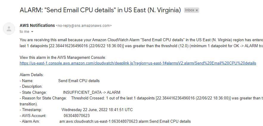 Receiving an email using AWS SNS from AWS when the CloudWatch alarm is triggered 