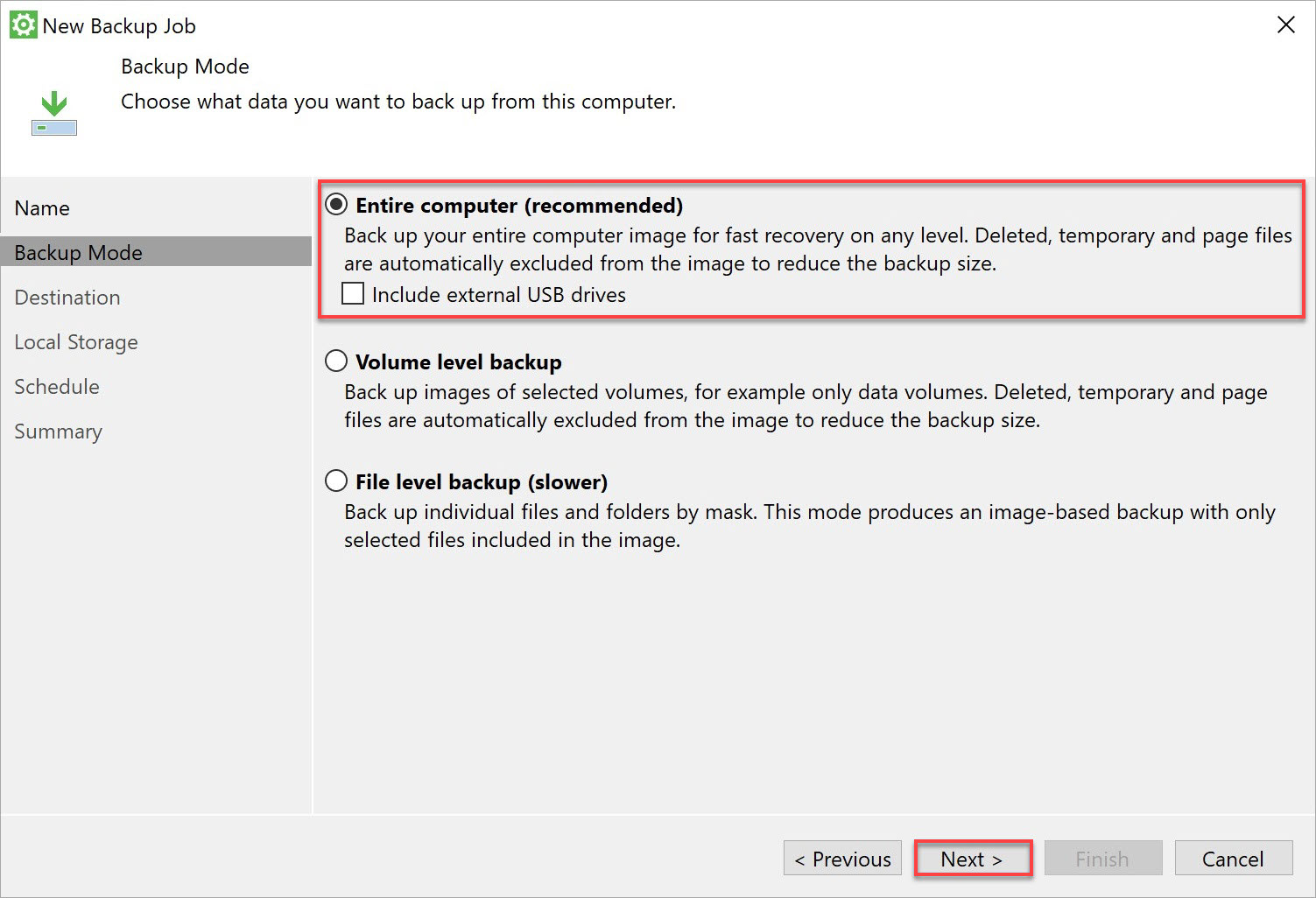 Choosing a backup mode for the backup job