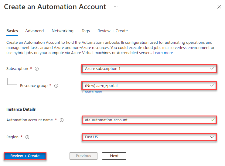 Configuring the automation account details