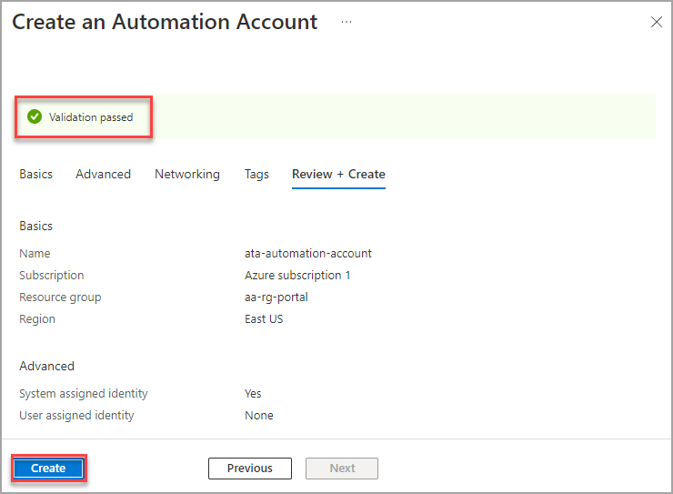 Reviewing and Creating the automation account