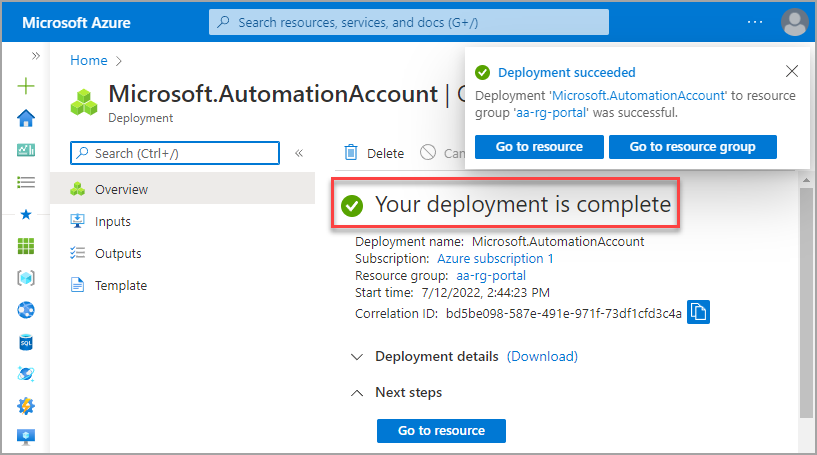 Automation account deployment confirmation