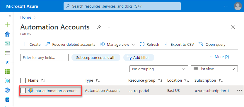 Opening the automation account page