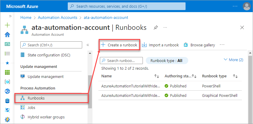 Clicking the Create a runbook button