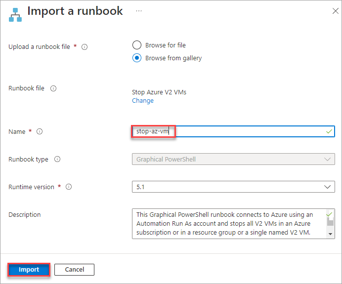Importing the runbook from the gallery