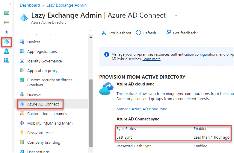 Check the Azure AD Connect Sync Status in the Azure AD Portal