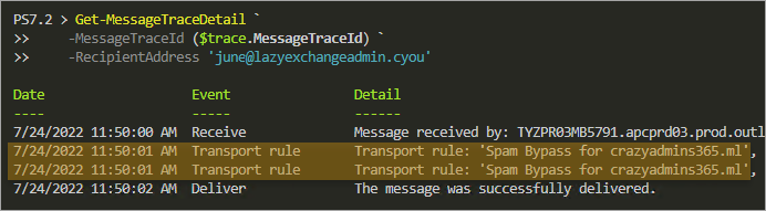 Get the message trace details showing the Office 365 whitelist domain rule