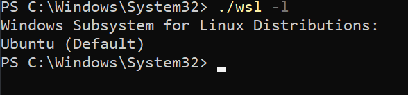 Verifying that Ubuntu is installed and set as the default WSL distribution