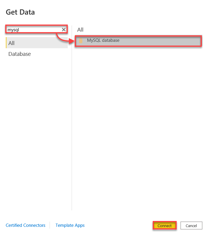 Selecting MySQL as the data source to connect