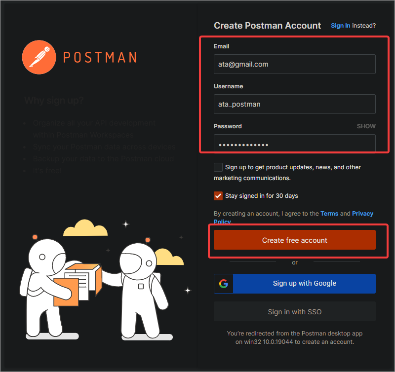 Postman account registration