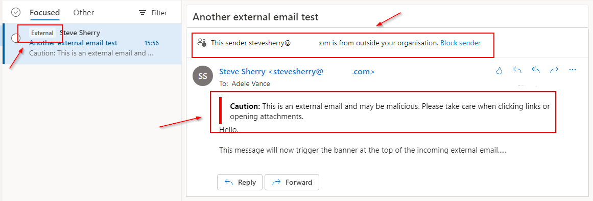 External Email Warning before the message body