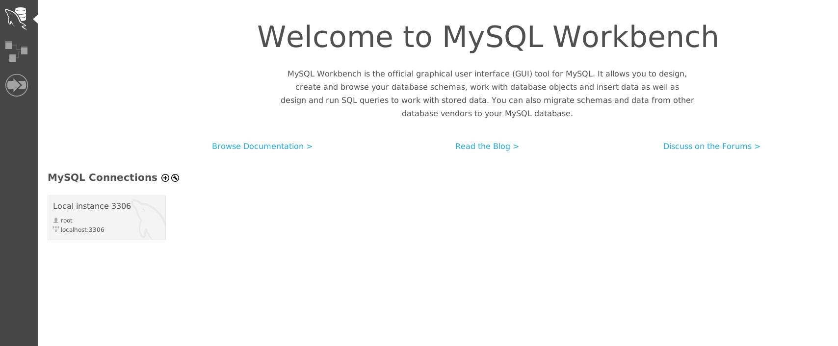 Viewing MySQL Workbench’s welcome page