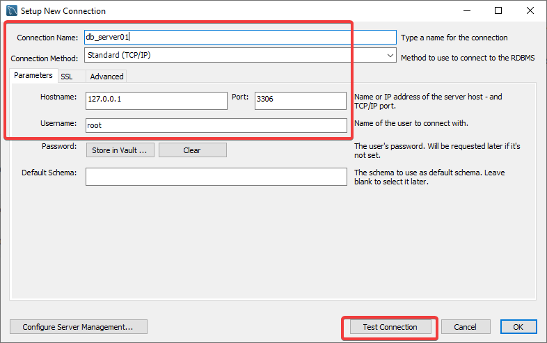 Configuring and testing the new connection