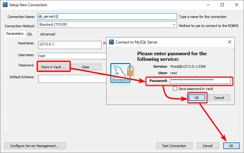 Providing the MySQL account password and saving the new connection