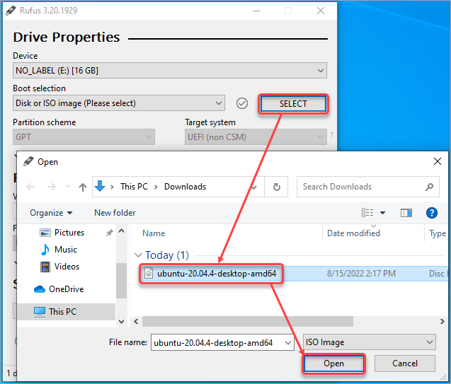 Locate and select the Ubuntu ISO file