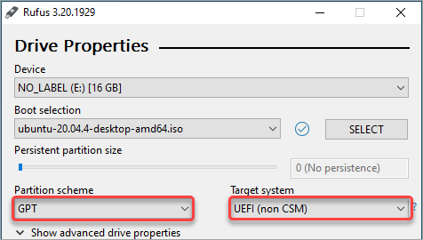Select the partition scheme and target system