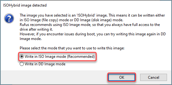 Select Write in ISO Image mode