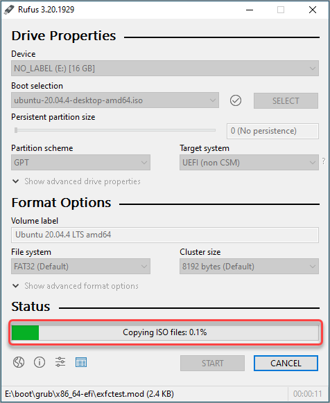 Rufus is processing the Ubuntu bootable USB drive