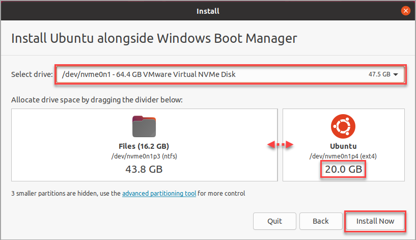 Select the drive and allocate the partition size