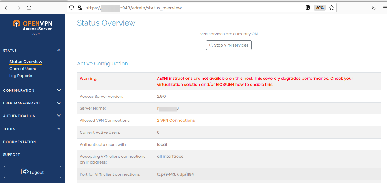 Accessing the OpenVPN Access Server dashboard