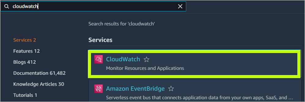 Navigating to the AWS CloudWatch Service dashboard