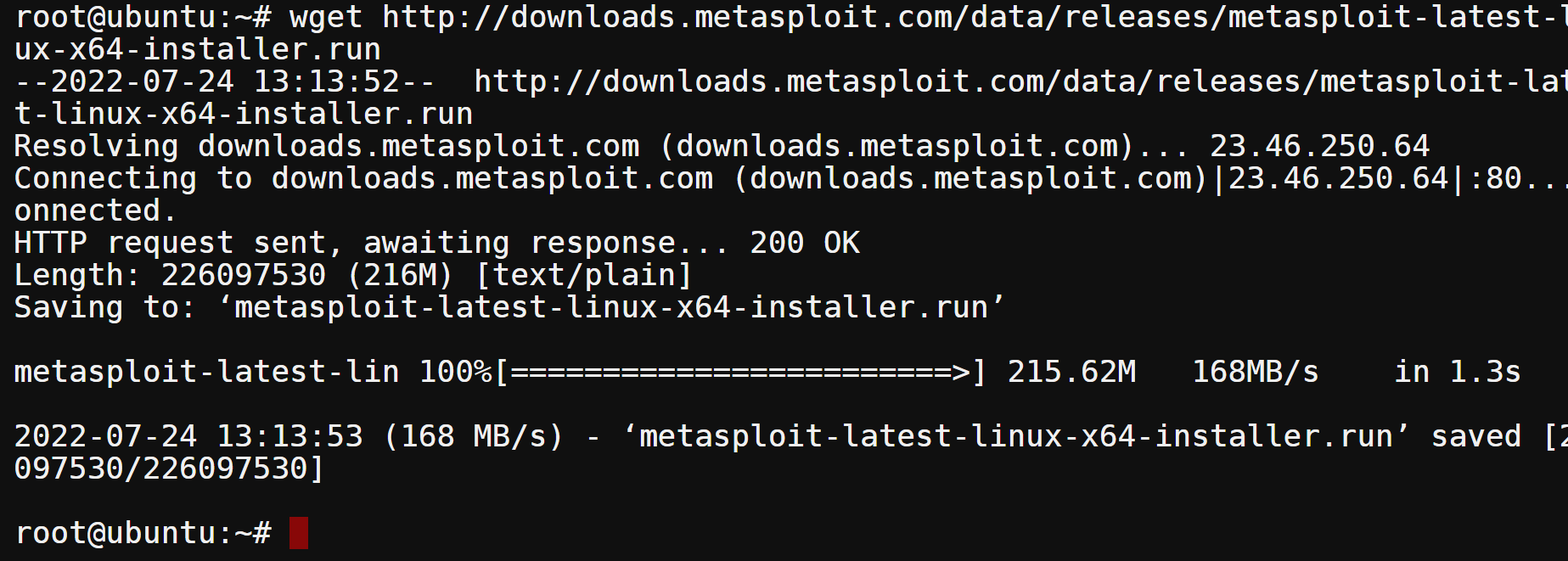 Downloading the latest version of the Metasploit installer.