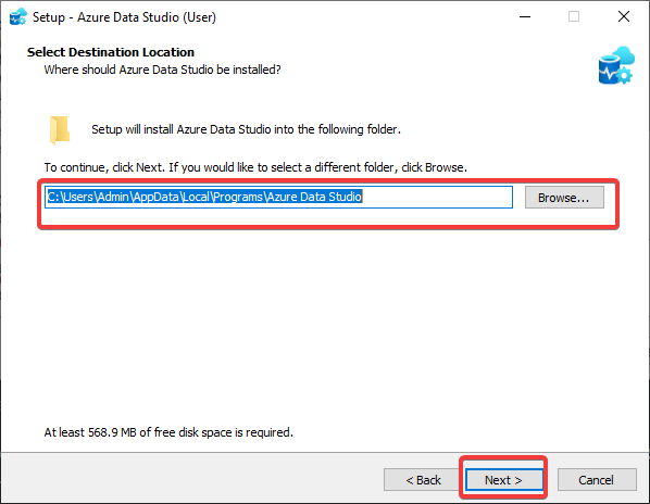 Selecting Azure Data Studio’s install location