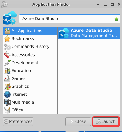 Launching Azure Data Studio from the Application Finder