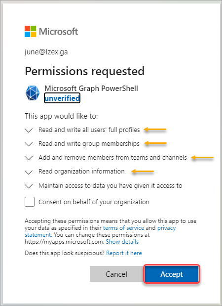 Accepting the Microsoft Graph Office 365 API permissions