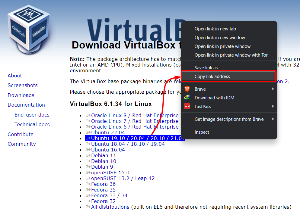 Copying the download link for the VirtualBox deb package