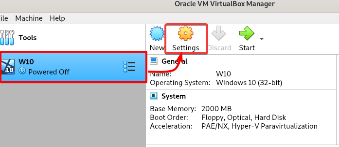 Accessing the VM’s settings